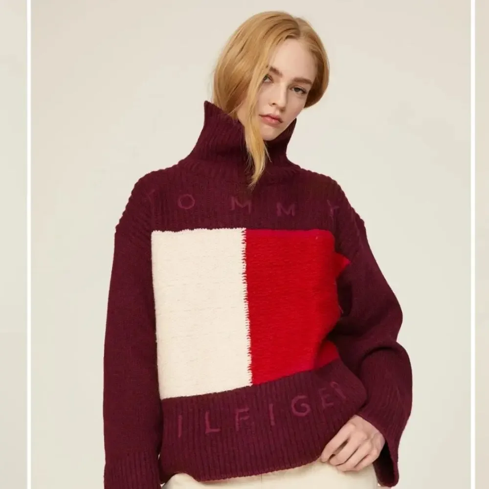 Tommy Hilfiger Burgundy and Red Turtleneck Wool Sweater Womens XS